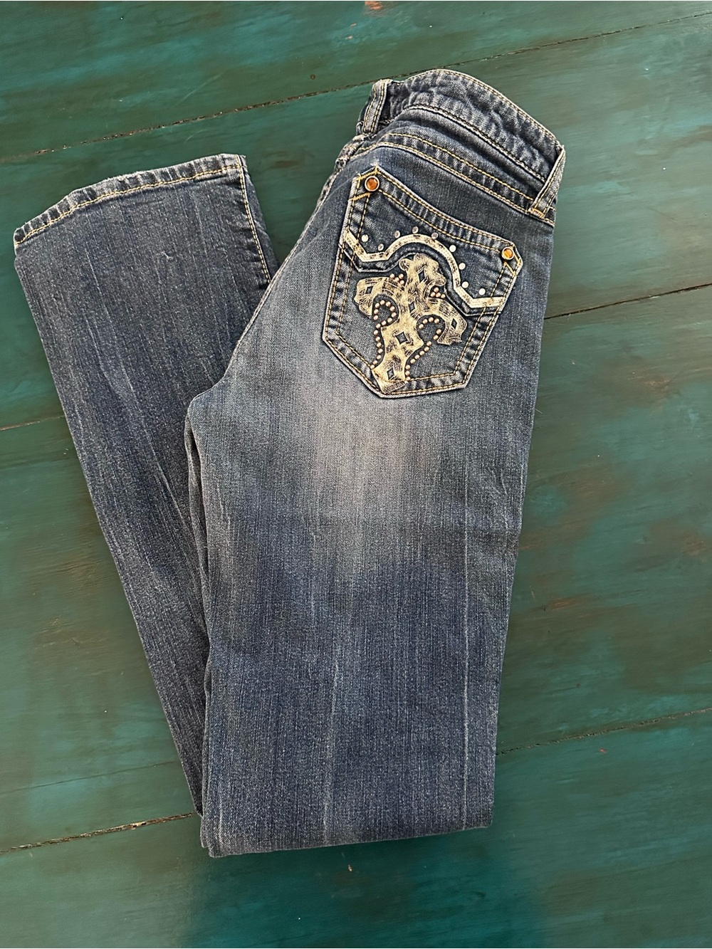 Women's Bootcut Jeans with Embellished Back Pocket - Dark Blue